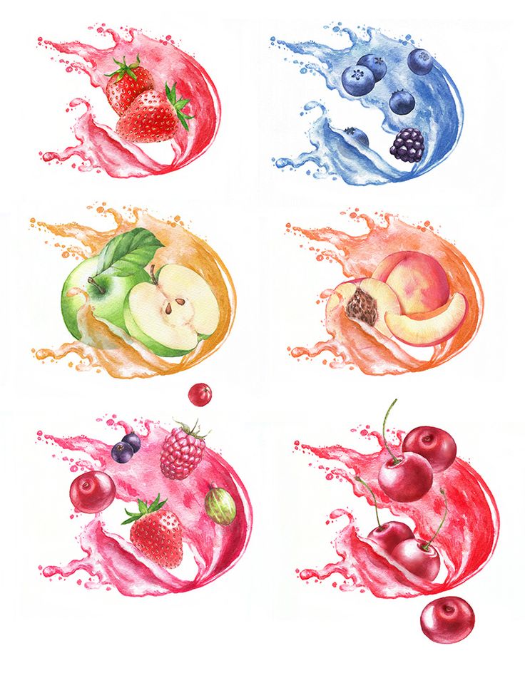 four pictures of different fruits and vegetables with water splashing on the top one has an apple, raspberry, blueberry, peach, strawberry, and banana