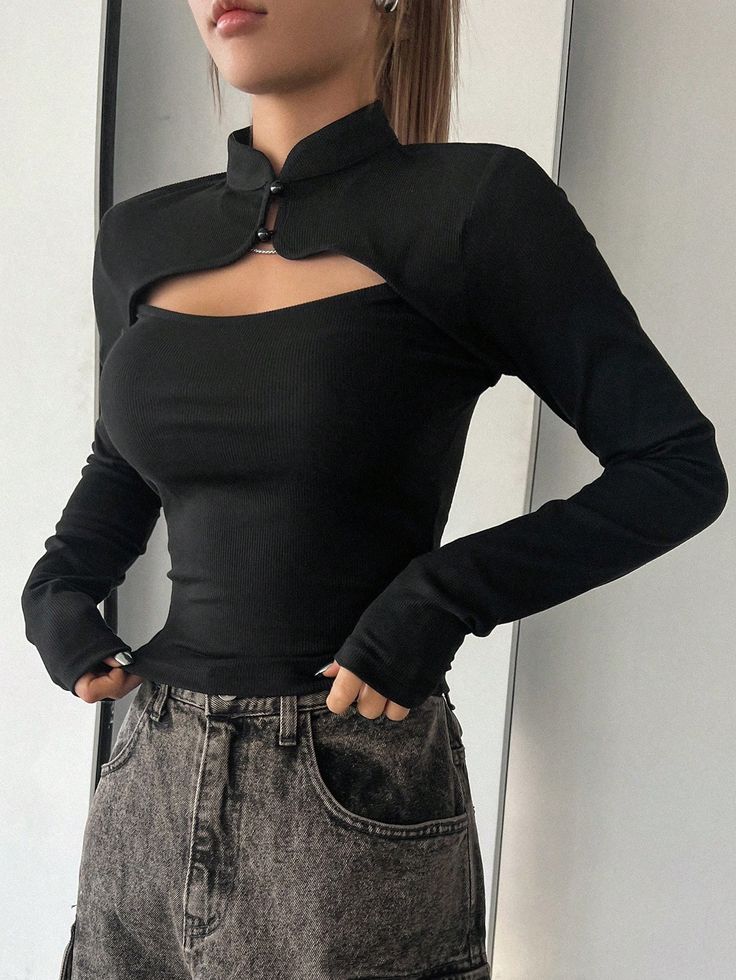 Women's Cheongsam Collar Hollow Out Slim Fit Long Sleeve T-Shirt Black Casual  Long Sleeve Knitted Fabric Plain  High Stretch  Women Clothing, size features are:Bust: ,Length: ,Sleeve Length: Outfit Nero, Crochet Sweater Design, Cheongsam Top, Cute Nike Outfits, Fashion Terms, Fancy Tops, Classy Dress Outfits, Trendy Fall Outfits, Easy Trendy Outfits