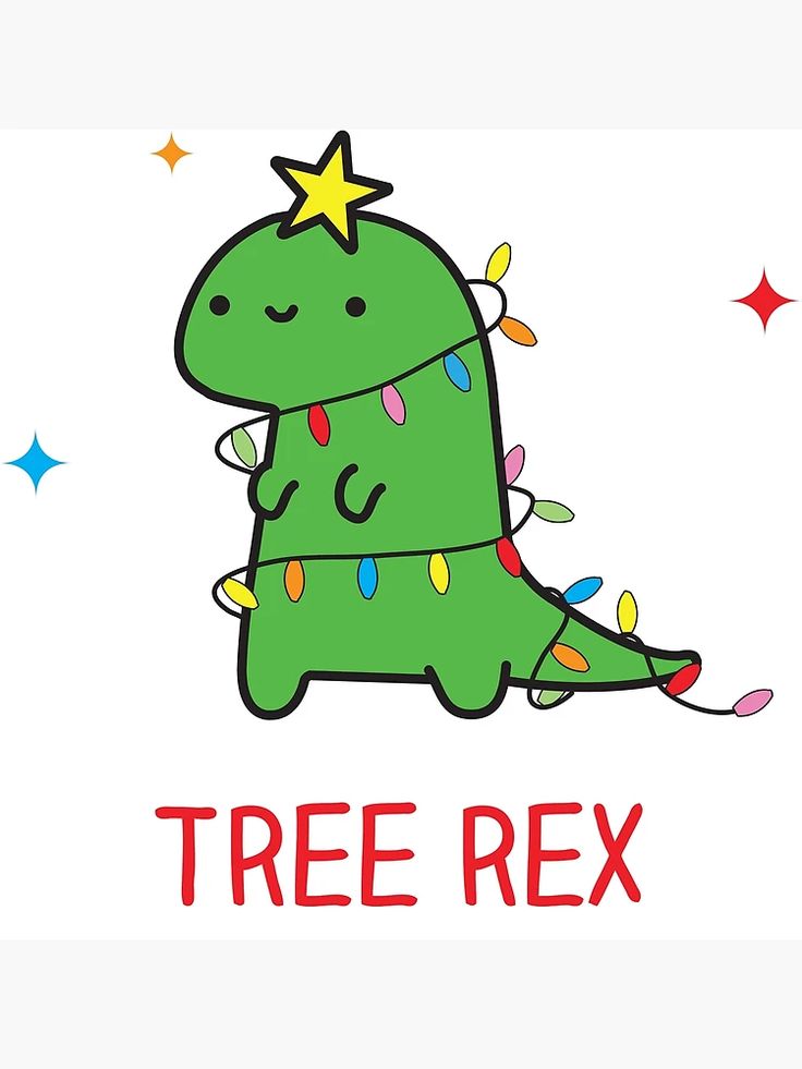 a green dinosaur sitting on top of a tree with christmas lights around it's neck