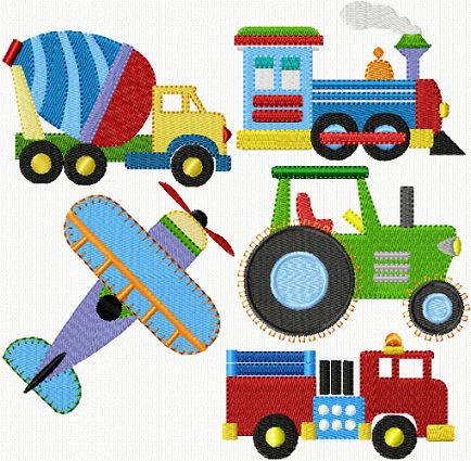 this is a machine embroidery pattern for children's trucks and cars, including an airplane