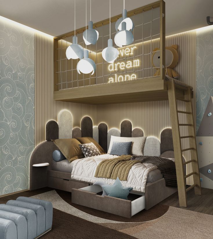 a room with a bed, ladder and lights in the ceiling is decorated like an airplane