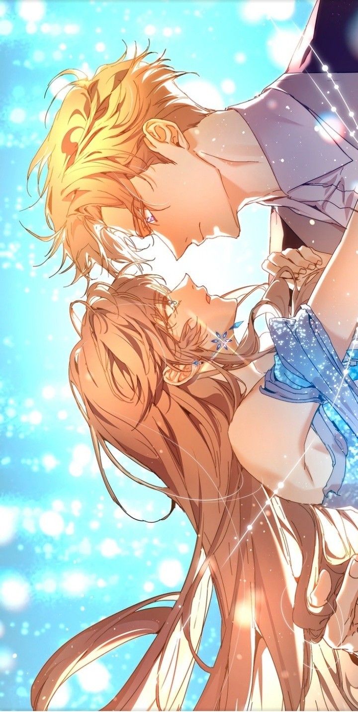 two anime characters kissing each other in front of blue sky with snowflakes behind them