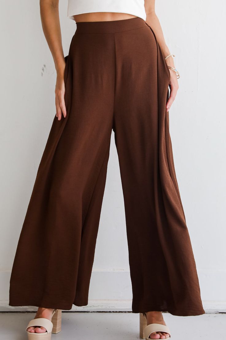 Women's Brown Wide Leg Pants Brown High Waist Relaxed Fit Bottoms, Chic Wide Leg High Waist Pants With Elastic Waistband, Chic High Waist Wide Leg Pants With Elastic Waistband, Chic Wide-leg Pants, High Waist Wide Leg Pants For Fall Loungewear, High Waist Elastic Dress Pants For Fall, High Waist Dress Pants With Elastic Waistband For Fall, Wide Leg Bottoms For Day Out, Versatile High Waist Bottoms For Fall