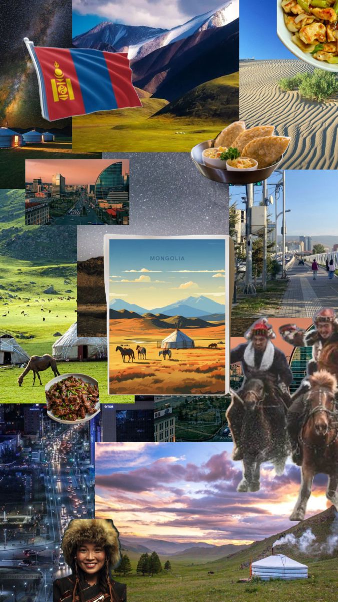 a collage of pictures with horses, mountains, and other things in the background