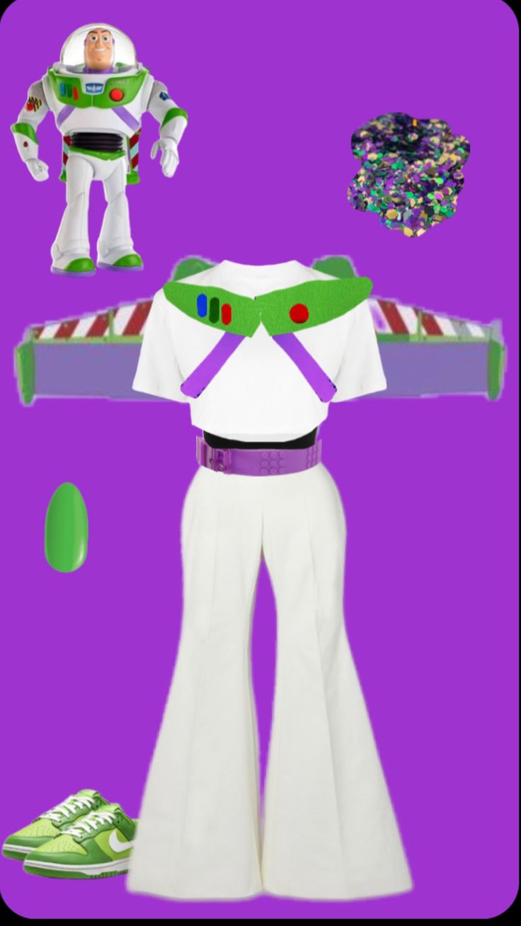 an image of buzz lightyear costume with shoes and other items in the back ground