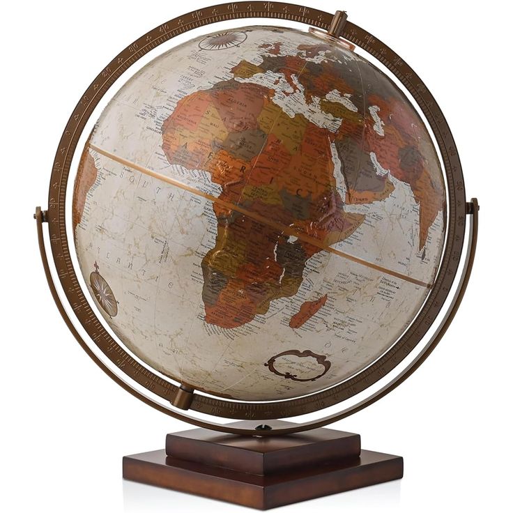 an old world globe on a wooden stand with metal trimmings and wood base