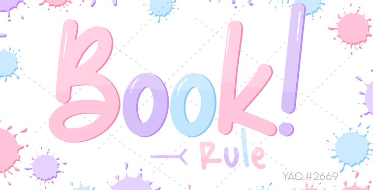 the words book rue painted in pink, blue and purple paint splattered on a white background