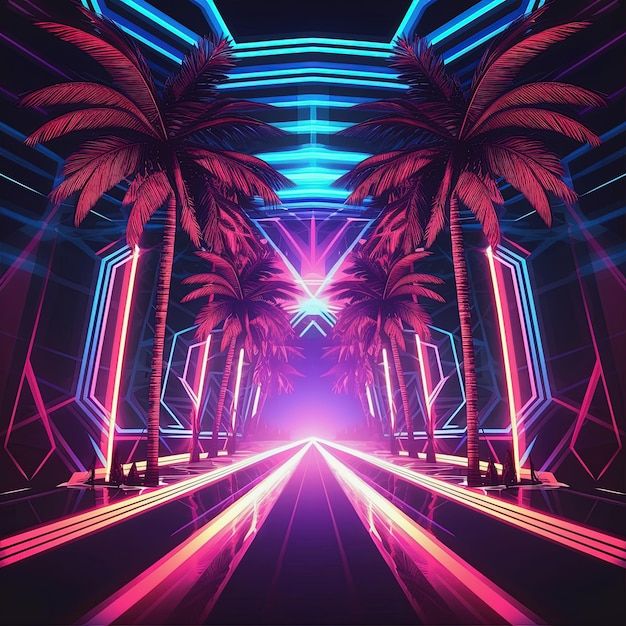 an abstract scene with palm trees and neon lights