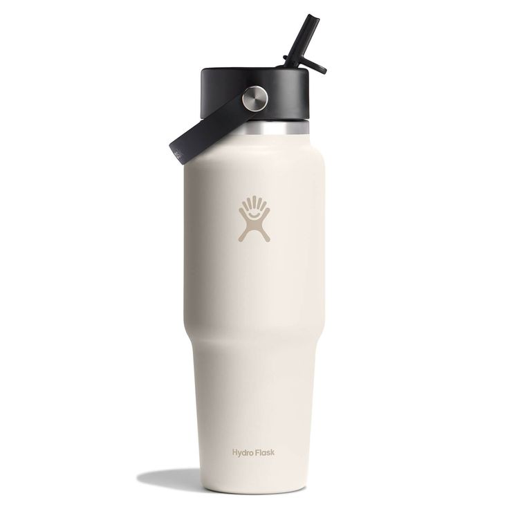 a white water bottle with a black lid and an emblem on the side that says,