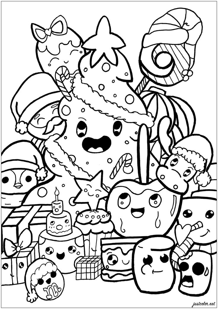 an adult coloring page with many cartoon characters and their birthday cake, as well as balloons