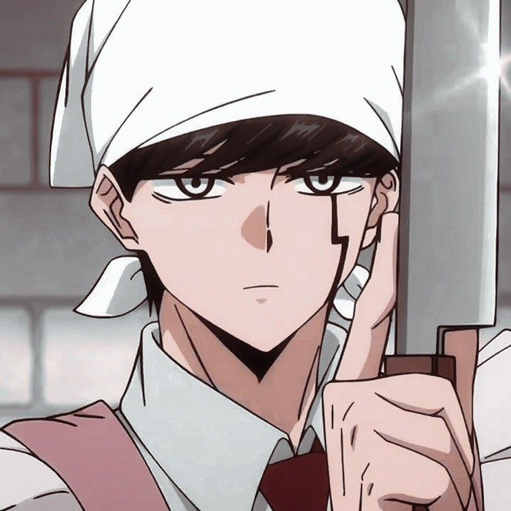 an anime character holding a knife and pointing to the side with one hand on his head