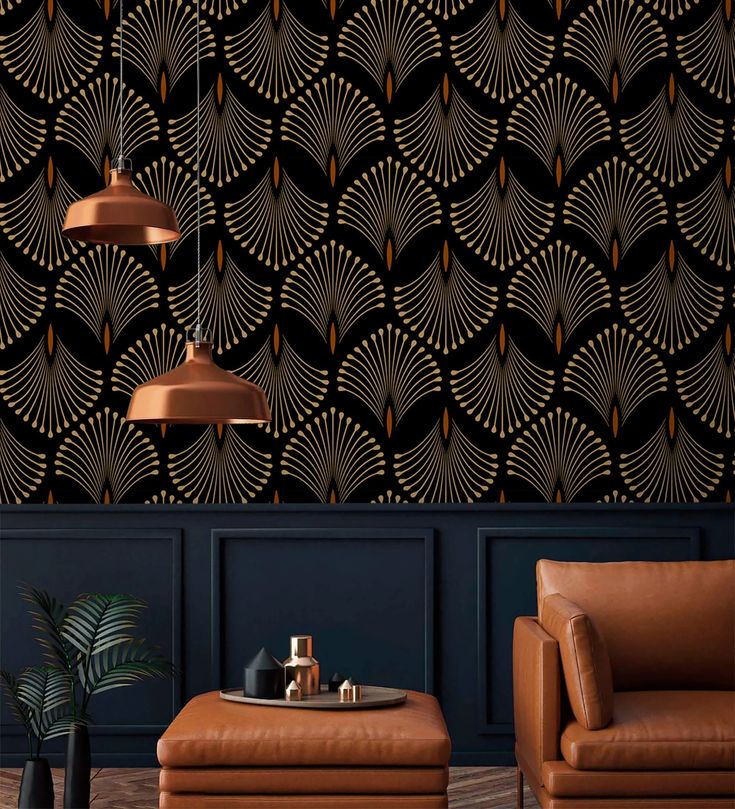 an art deco wallpaper design in gold and black with two leather chairs next to it