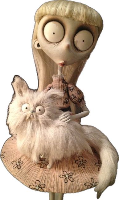 a cartoon character sitting on top of a cat with eyes wide open and long blonde hair