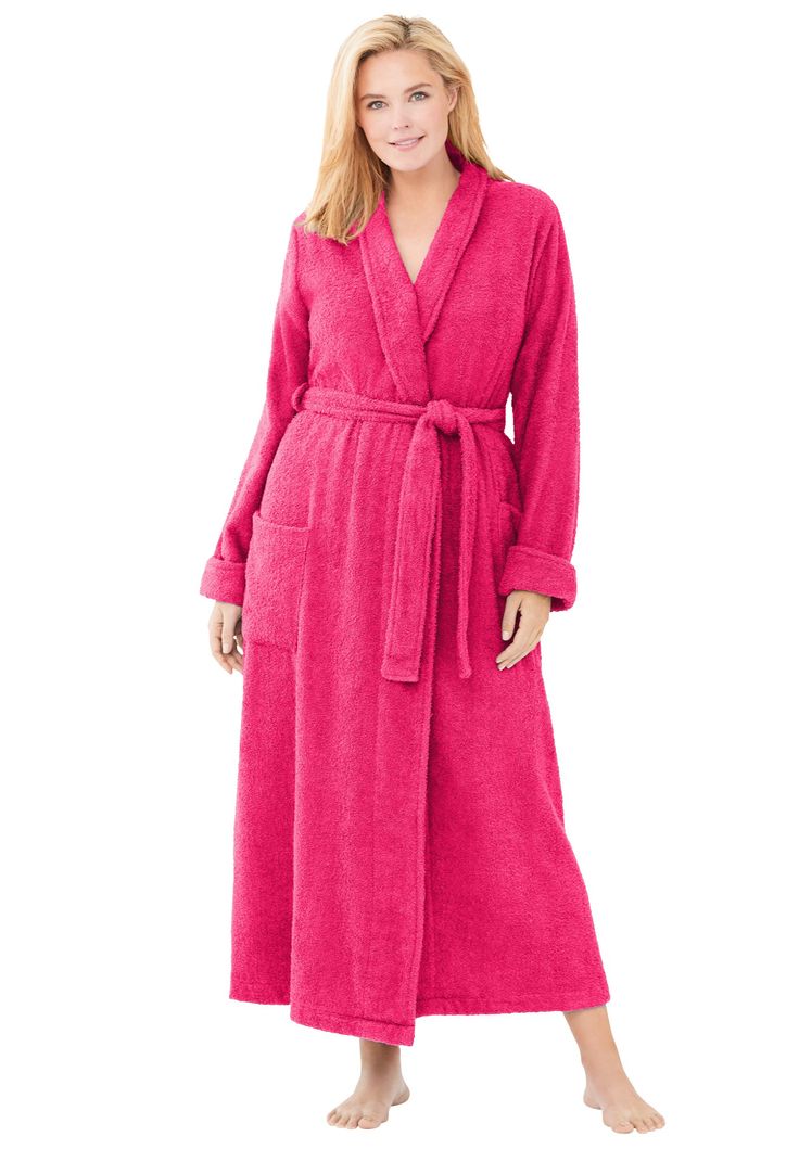 Wrap yourself up in a soft and absorbent robe with an inner tie and fuzzy self-tie belt. Front patch pockets are soft and cozy. 53" lengthThis style also comes in a 44" length! Search 6-28985 to shop.Pure cotton, importedMachine washable | Plus Size Women's Long Terry Robe by Dreams & Co. in Pink Burst (Size L) Womens Robes Long, Plus Size Robes, Terry Robe, One Piece Clothing, Occasion Dresses Wedding, One Piece Pajamas, Tunic Tank Tops, Swimsuits For All, Womens Robes