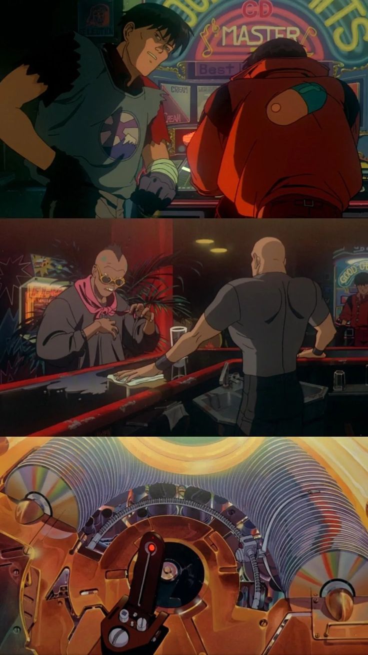 an animated scene with two men in front of a bar and another man behind the bar