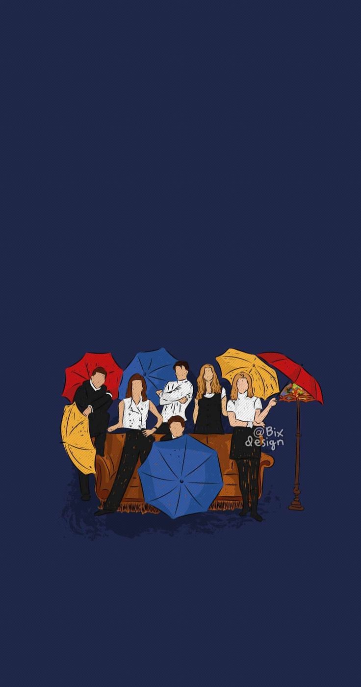 four people sitting on a couch with umbrellas over their heads and one holding papers