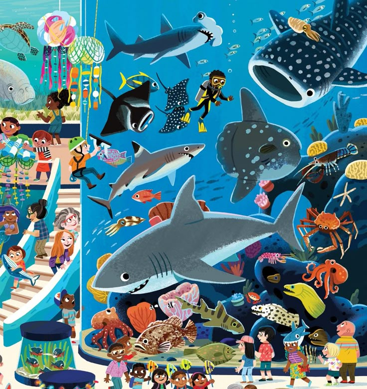 an underwater scene with many different types of animals and people in the water, including sharks