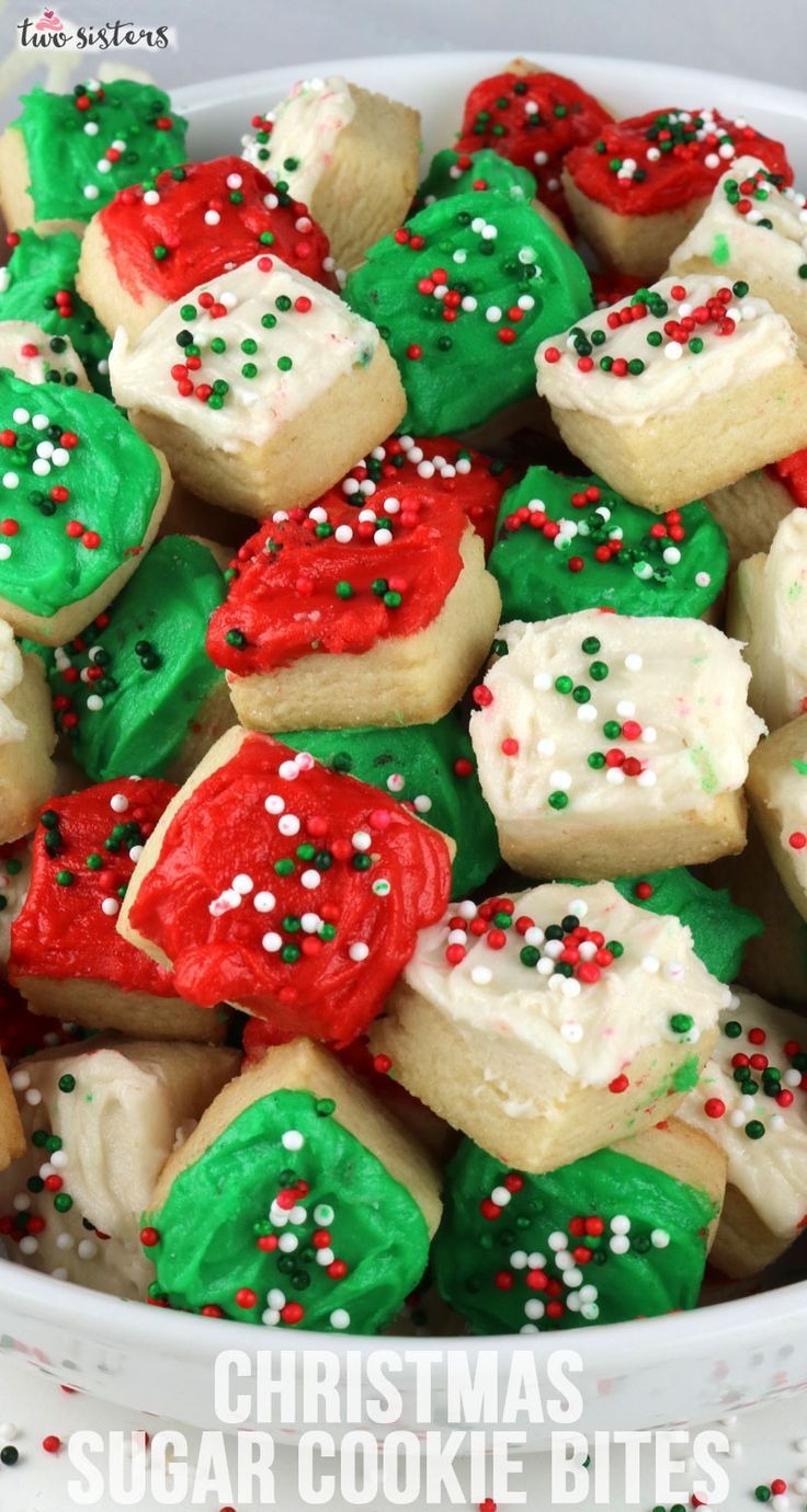 christmas sugar cookie bites in a white bowl