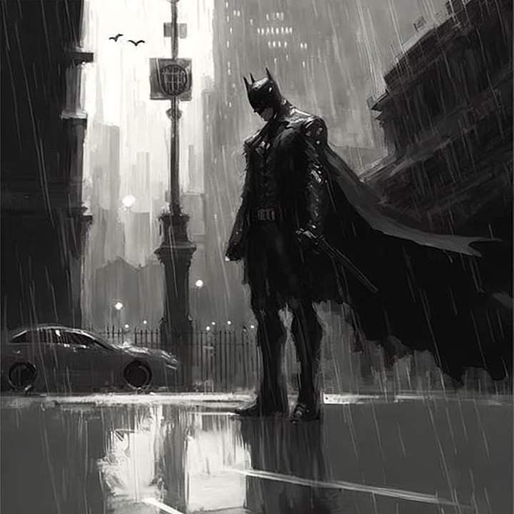 a batman standing in the rain next to a car