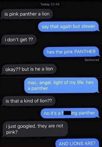 two texts that have been edited to say it is pink panther and they are not