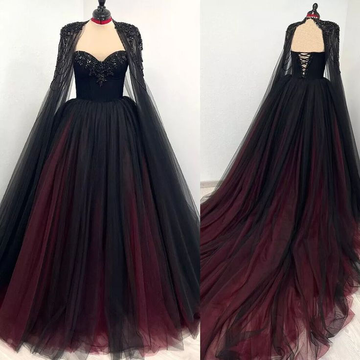 Gothic Black and Red Sweetheart Wedding Dresses with Cape Appliques Bridal Gowns | eBay Fairy Inspired Dress Gowns, Gothic Themed Wedding Dress, Gothic Fall Wedding Dress, Black Wedding Dress Ball Gown, Medieval Wedding Bridesmaid Dresses, Red Black Bridesmaid Dresses, Black And Red Wedding Bridesmaids, Evil Queen Prom Dress, Villian Wedding Dress