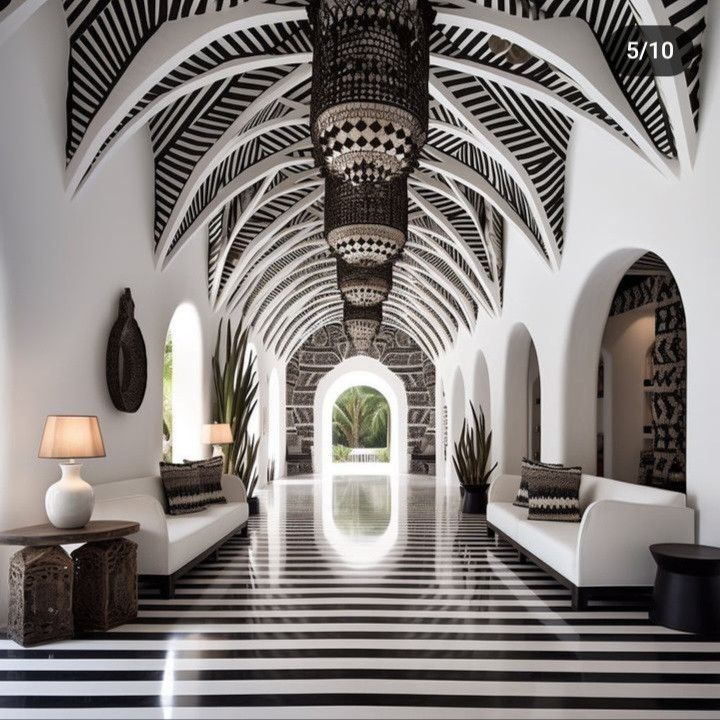 a long hallway with black and white striped flooring next to two large couches