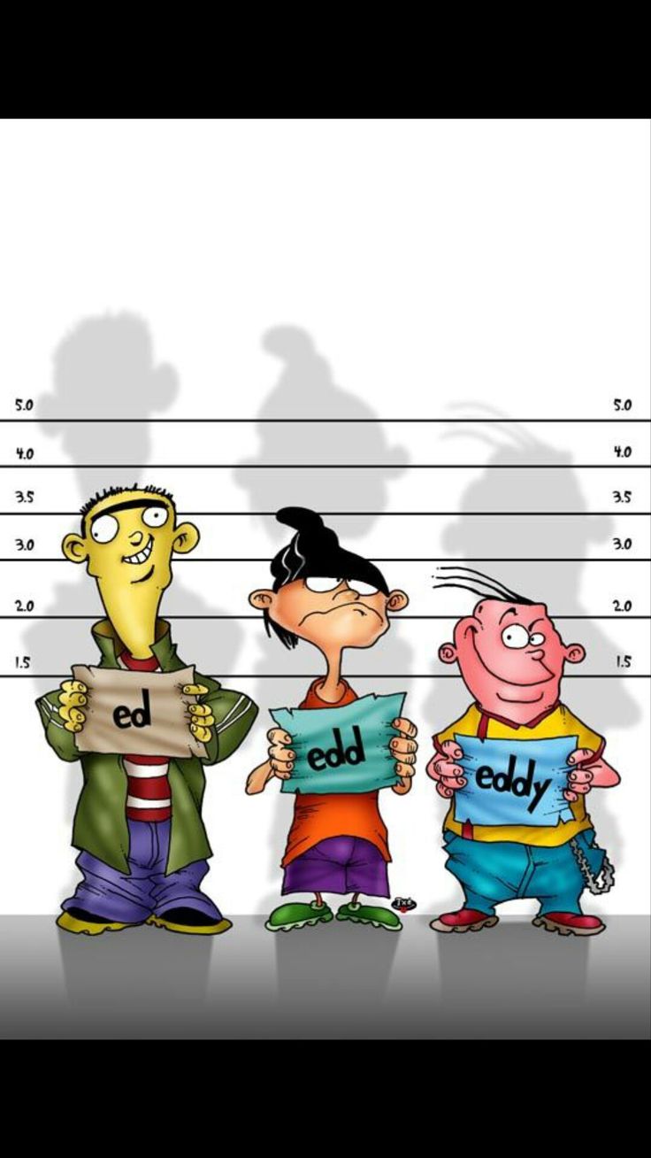 three cartoon characters in mugs holding signs that read ed, ed, and teddy