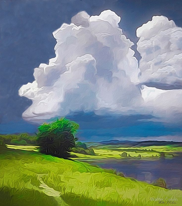 a painting of clouds over a green field