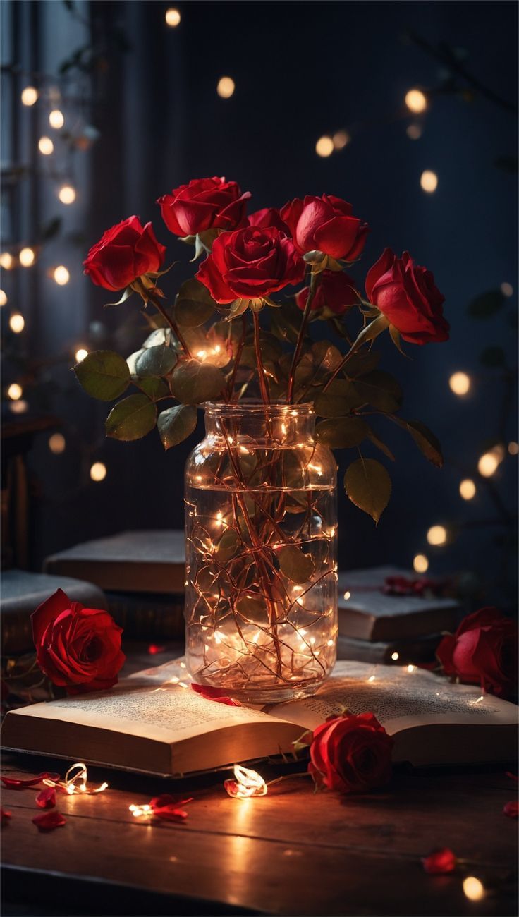 a vase filled with red roses sitting on top of a table next to a book