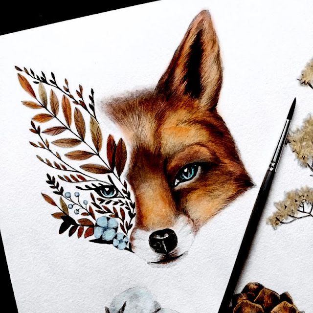 a drawing of a fox with leaves and pine cones on it's side, next to a pencil