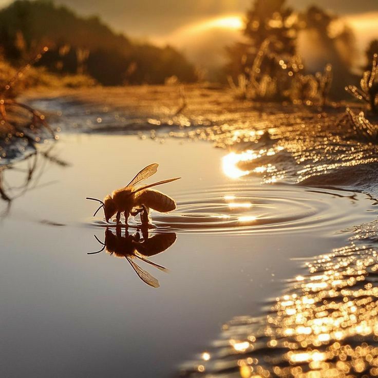 a bee is reflected in the water as it wades towards the shore at sunset