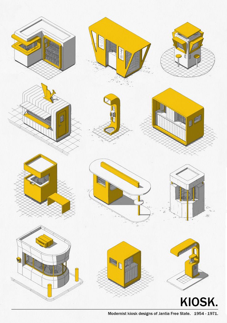 various types of buildings are shown in yellow and grey colors, including one for the bathroom