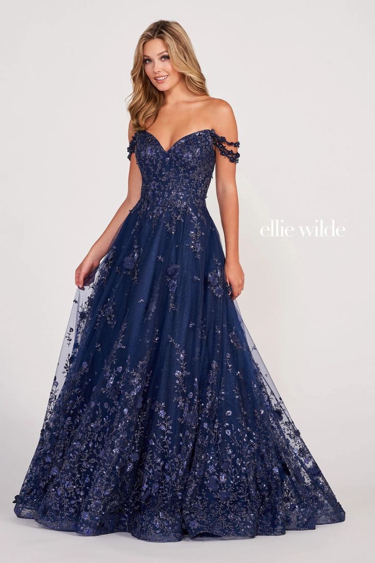 Prom Dresses Glittered Long  A Line Formal Prom Dress Navy Blue Floral Ballgown, Horsehair Hem, Ellie Wilde Prom Dresses, Ballgown Skirt, Flowers Glitter, Black Ruby, Designer Formal Dresses, Navy Blue Prom Dresses, Ellie Wilde