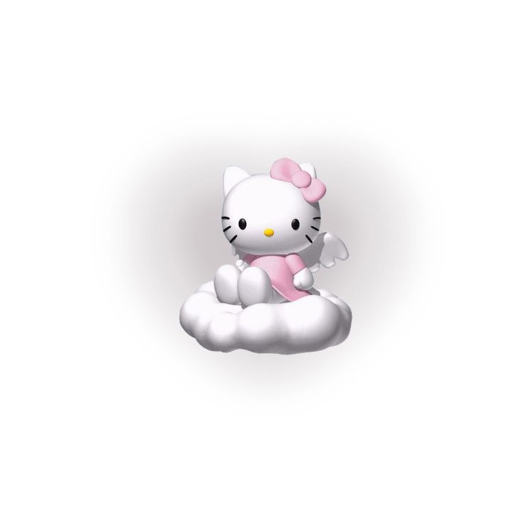 a hello kitty sitting on top of a cloud with a pink bow around its neck