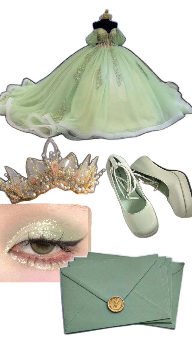 an assortment of items including a dress, shoes, and envelopes are shown in this image