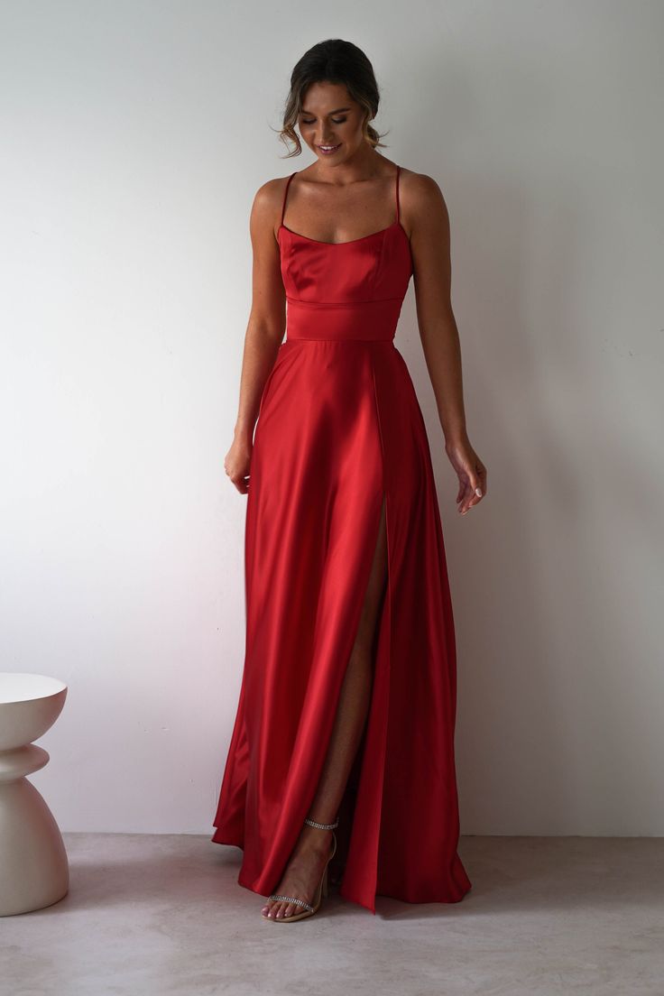 Leelie Silky Satin Maxi Gown | Red Long Red Formal Dresses, Made Of Honor Dress Red, Cherry Red Dresses Aesthetic, Sliky Long Dresses, True Red Dress, Red Silky Dress Long, Red Bridesmaid Dresses Satin, Red Marine Corps Ball Dress, Red Bridesmaid Dresses Aesthetic