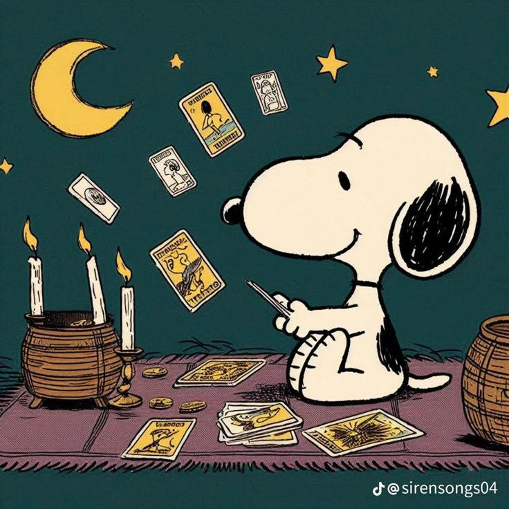 a charlie brown cartoon sitting at a table with cards and candles in front of him