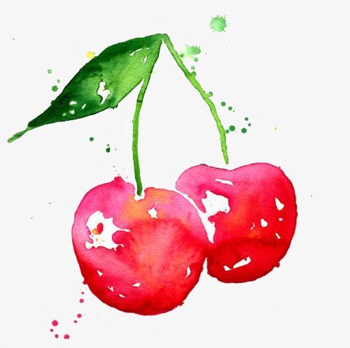 two cherries with green leaves on the top and one red cherry on the bottom