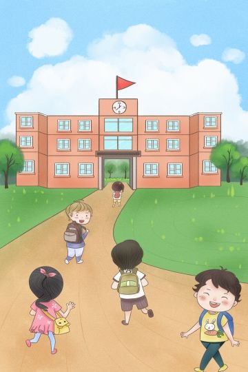 children are playing in front of a school building