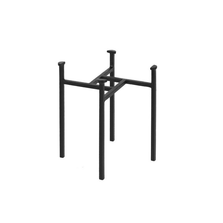 a black metal table with two legs and one leg on the other side, against a white background