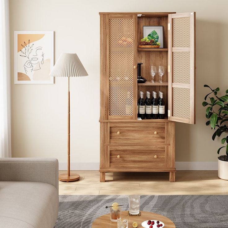 a living room scene with focus on the cabinet and wine bottles in the glass case