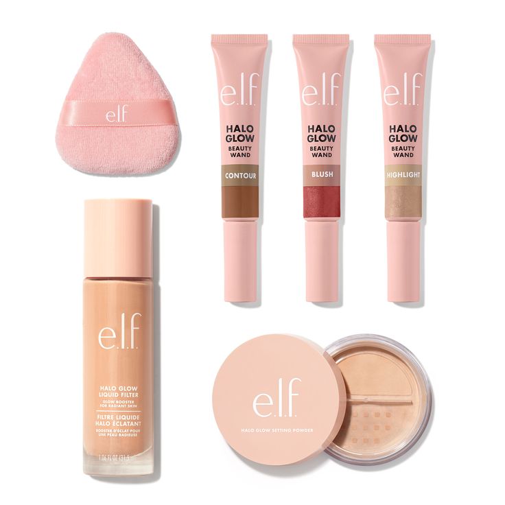 Glow All Out - Halo Glow Makeup Bundle | e.l.f. Cosmetics Types Of Makeup Products, Makeup Products Elf, Dream Makeup Products, Best Makeup Base, Elf Halo Glow Setting Powder, Elf Halo Glow Blush, Elf Makeup Products, Best Elf Products, Elf Halo Glow