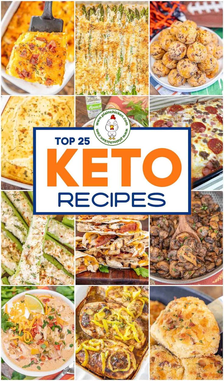 the top 25 keto recipes are featured in this collage with text overlay