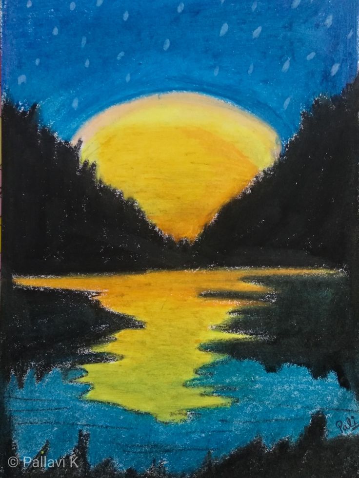 a painting of the sun setting over a lake