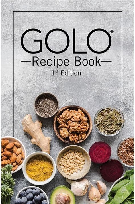 the golo recipe book is shown with various bowls and ingredients in them, including broccoli, blueberries, avocado, spinach, almonds, beets, carrots