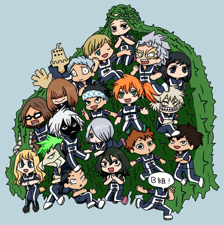 an image of many anime characters posing for a group photo on a green leafy background