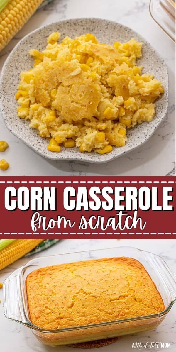 corn casserole in a glass dish with the words corn casserole on it