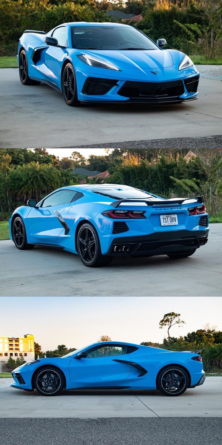 the blue sports car is parked in front of some bushes and trees, while another photo shows