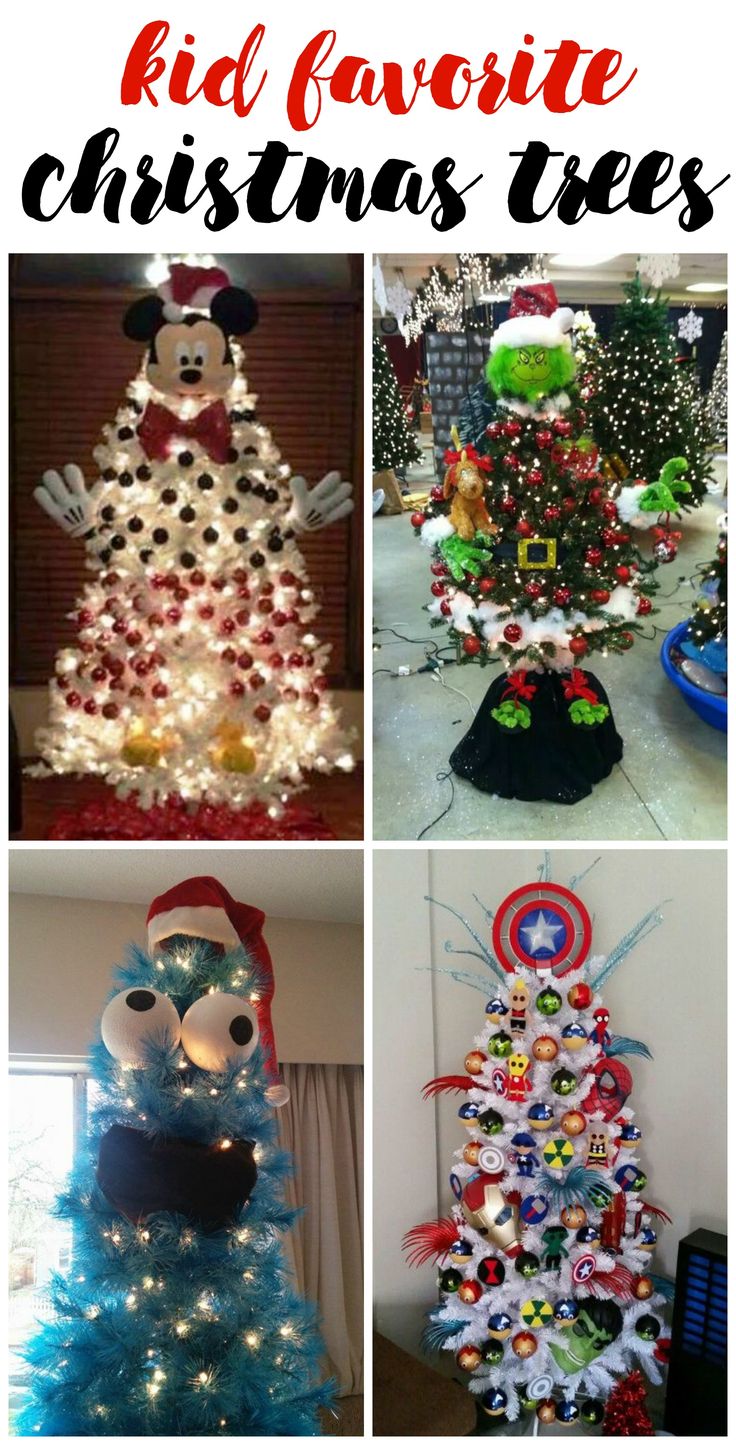 some christmas trees are decorated in different styles and colors, with the words kids favorite christmas trees