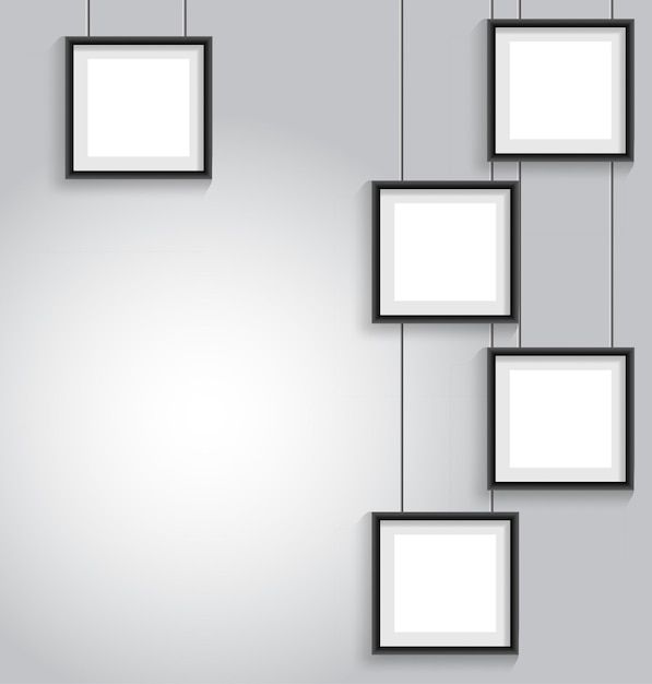 a group of frames hanging on a wall with one empty square in the middle and two blank ones at the bottom